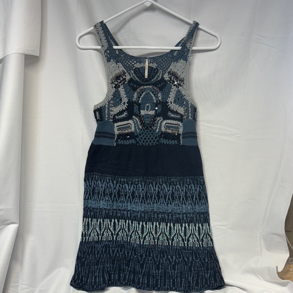 FREE PEOPLE Shades of Blue Crochet Hand Beaded Knit
Mini  skater Dress xs - Picture 2 of 12